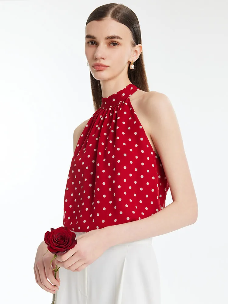 10 Momme Mulberry Silk Polka Dots Women Halter Top With Scrunchie