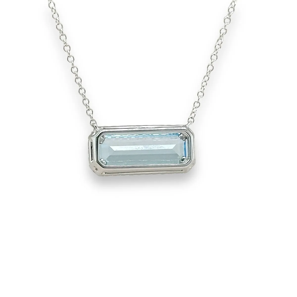 14K W Gold 3.00ct Emerald Cut Blue Topaz 0.17ctw Diamond Pendant