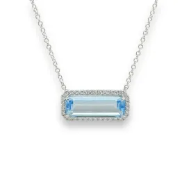 14K W Gold 3.00ct Emerald Cut Blue Topaz 0.17ctw Diamond Pendant