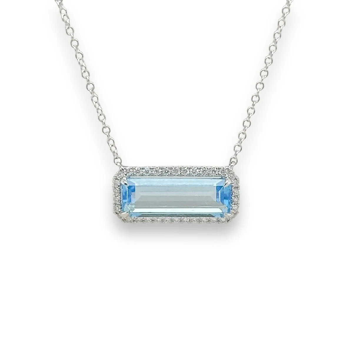 14K W Gold 3.00ct Emerald Cut Blue Topaz 0.17ctw Diamond Pendant