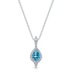 18ct White Gold Pear Blue Topaz And Diamond Vintage Style Pendant With A Diamond Bale