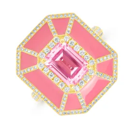 18KT Yellow Gold Pink Topaz Pink Enamel Diamond Deco Cocktail Ring