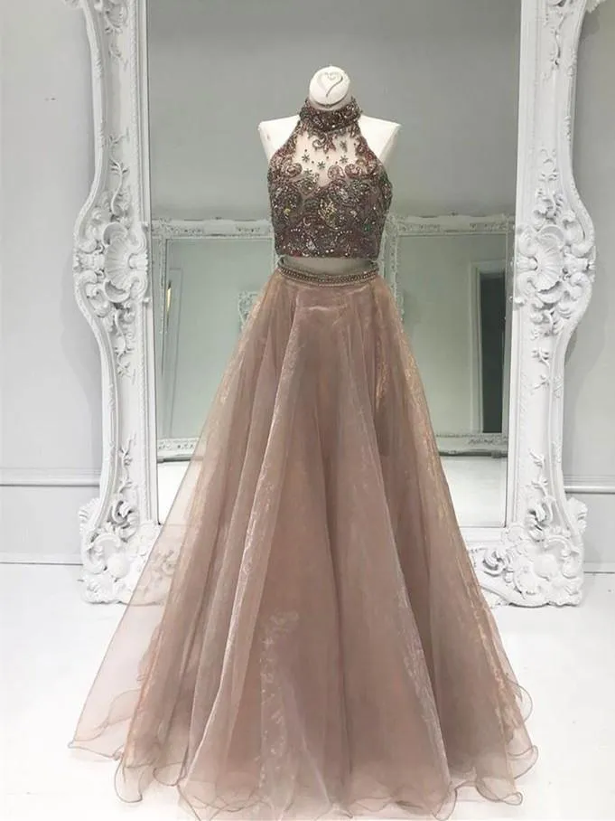 A-line Halter Floor-Length Tulle Two Piece Prom Dresses With Rhine Stones HX0052