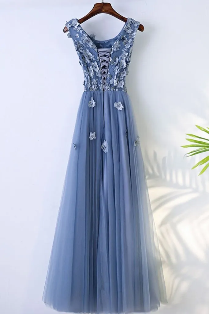 A-line Scoop-neck Floor-Length Tulle Appliqued Beaded Prom Dresses ASD26820