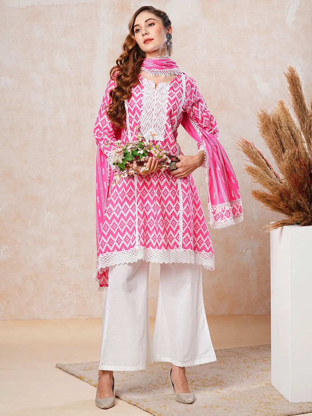 Abstract Printed Crochet Lace Work A-line Short Kurta with Palazzo & Dupatta - Pink