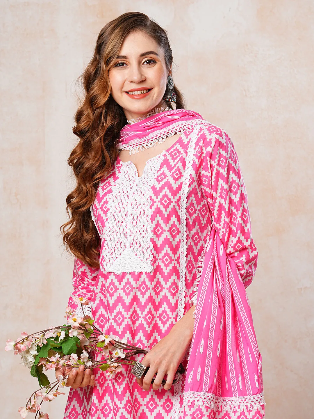 Abstract Printed Crochet Lace Work A-line Short Kurta with Palazzo & Dupatta - Pink