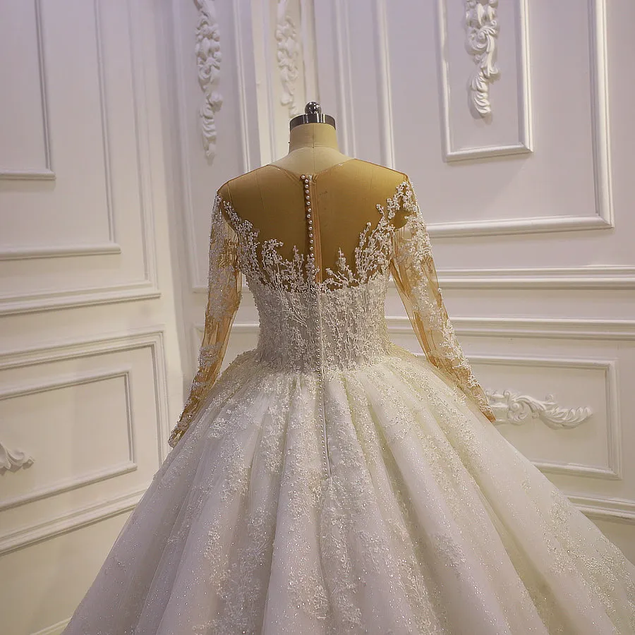 AM1048 Long Sleeve Lace Appliques Luxury illuision neckline Wedding Dress