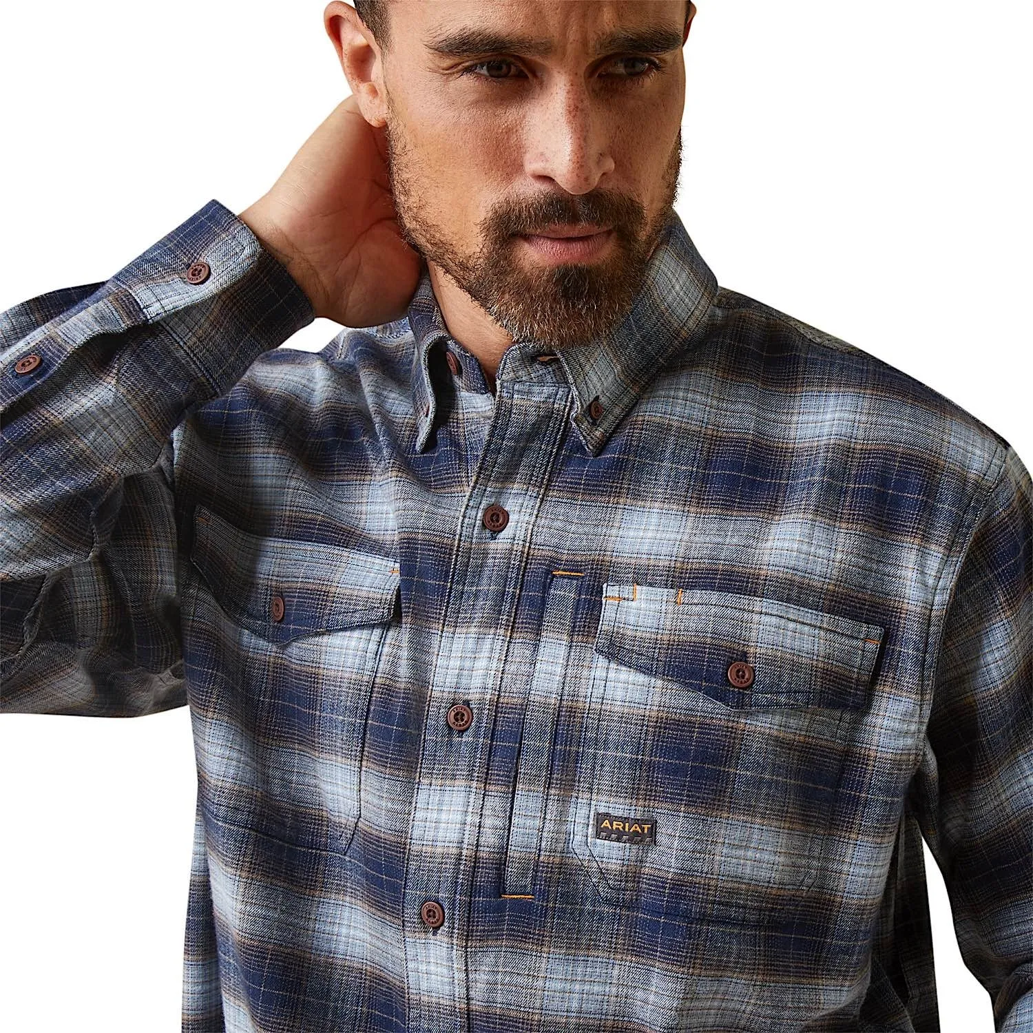 Ariat Mens Rebar Flannel Durastretch L/S Work Shirt Blue Khaki Plaid