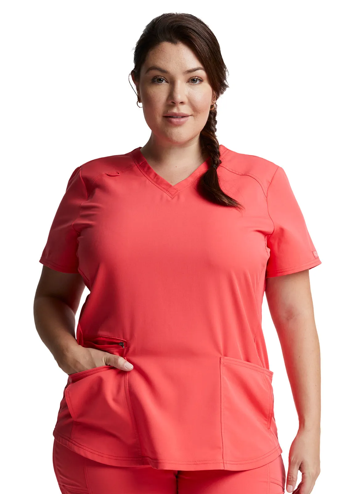 Balance - Women's Knitted Panel Solid Scrub Top With Zip Pocket