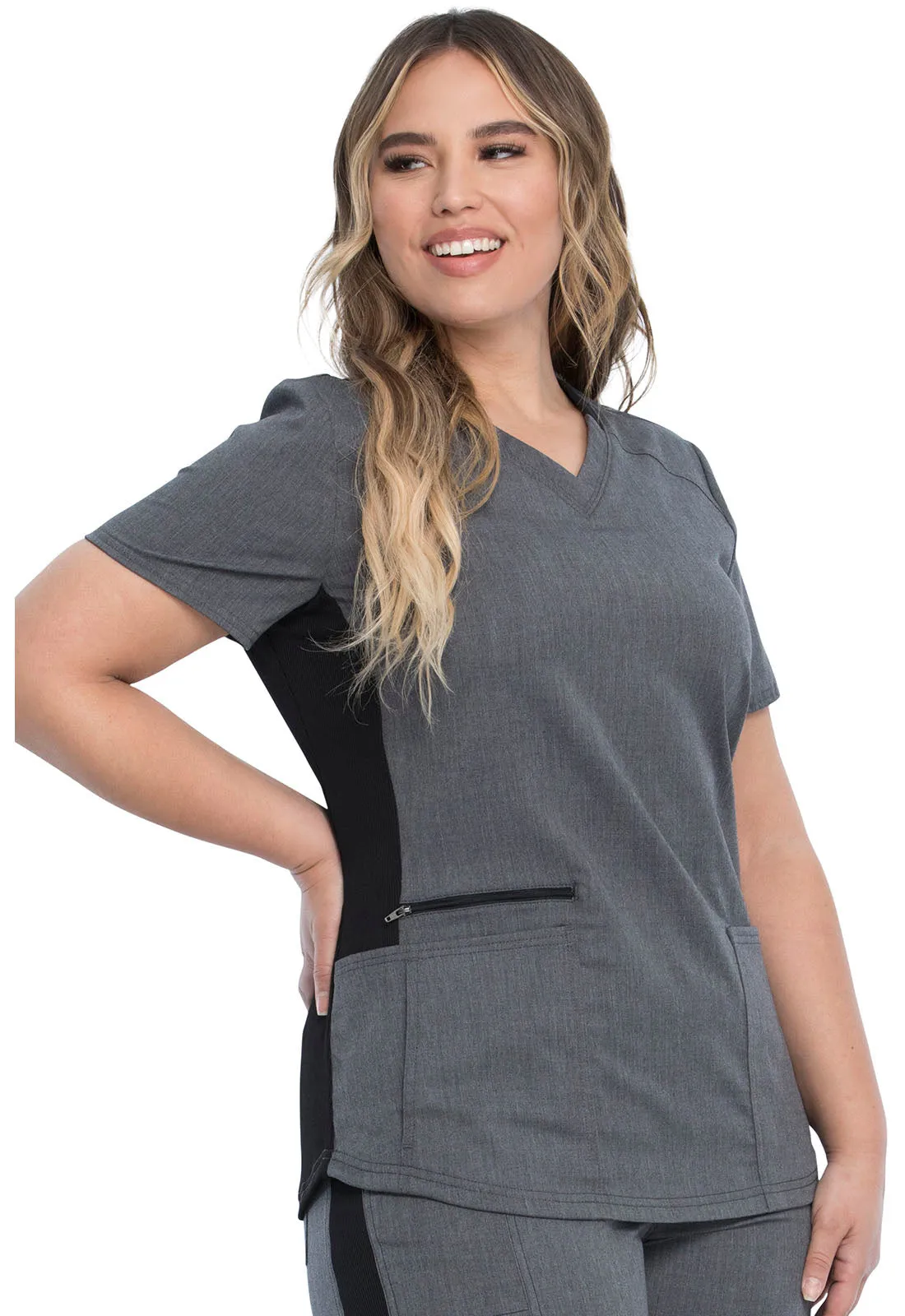 Balance - Women's Knitted Panel Solid Scrub Top With Zip Pocket