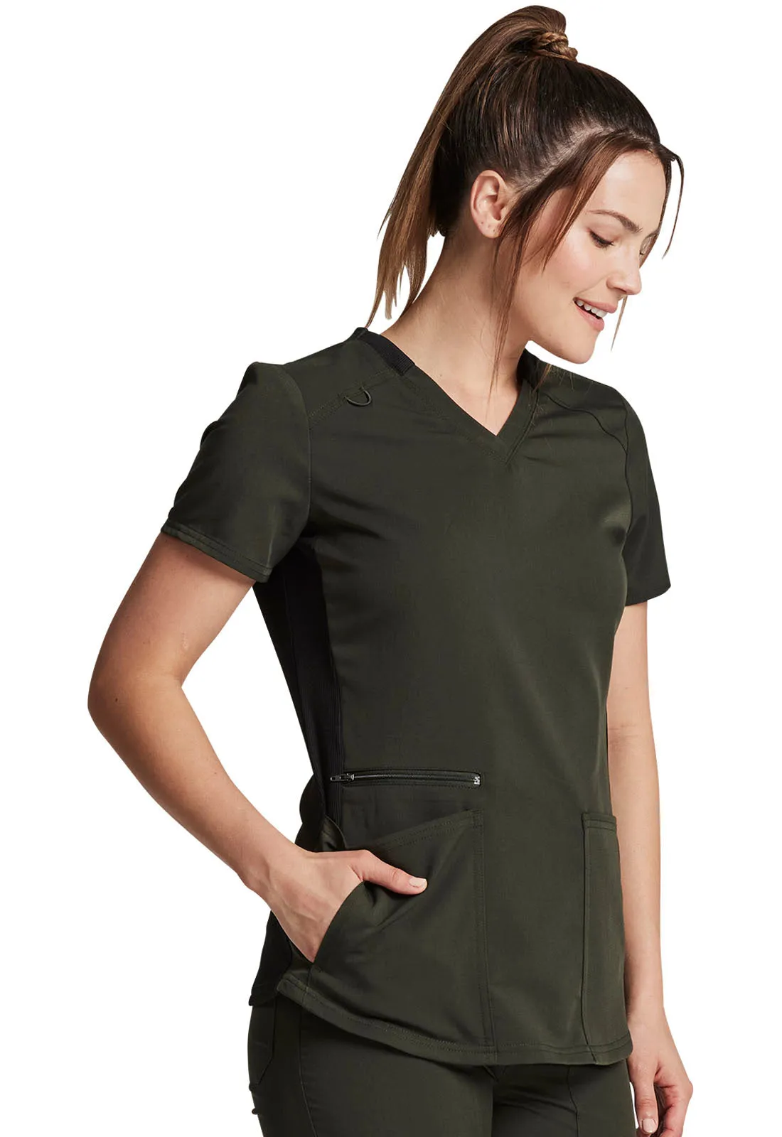 Balance - Women's Knitted Panel Solid Scrub Top With Zip Pocket