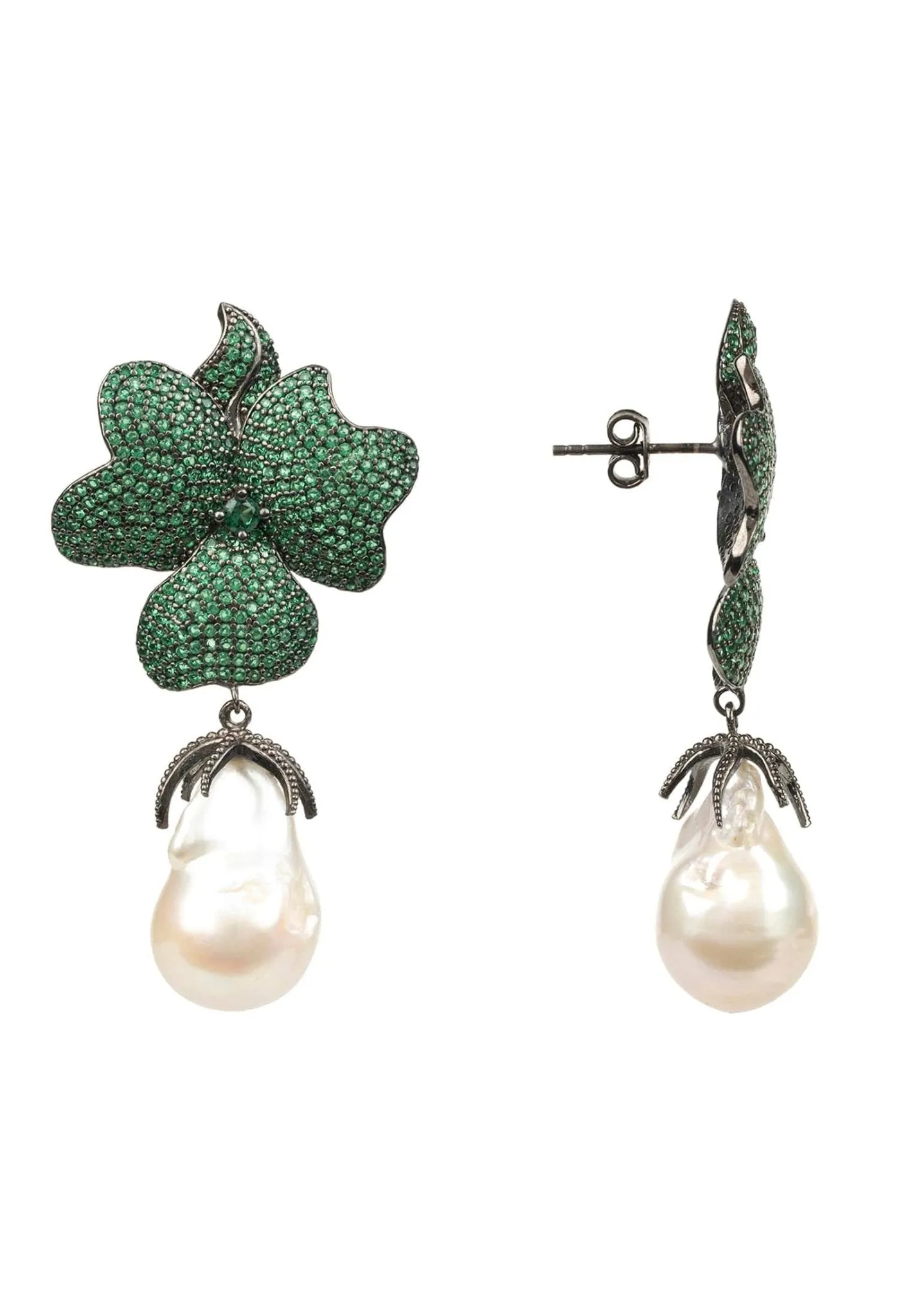 Baroque Pearl Green Flower Drop Earring Oxidised