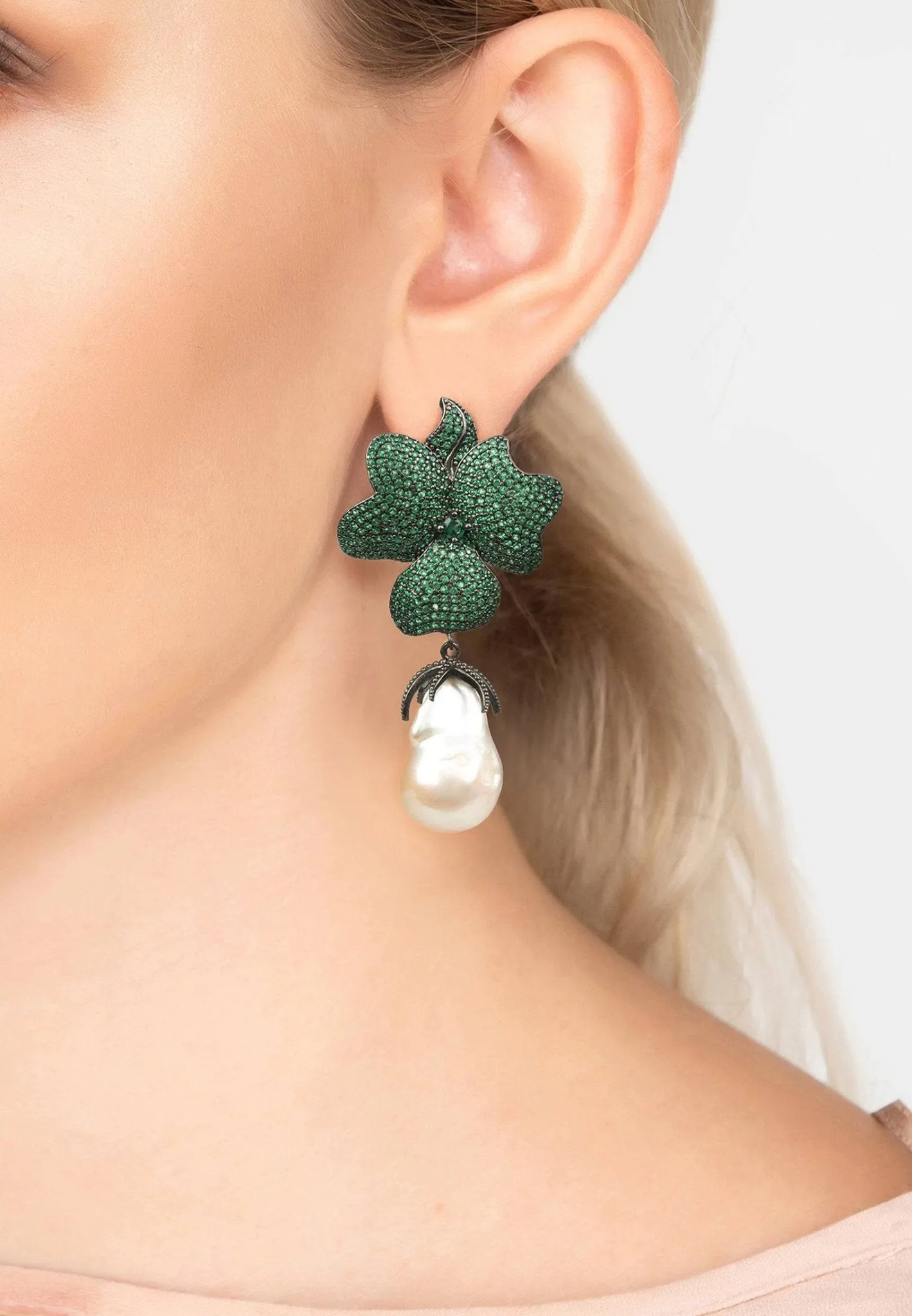 Baroque Pearl Green Flower Drop Earring Oxidised