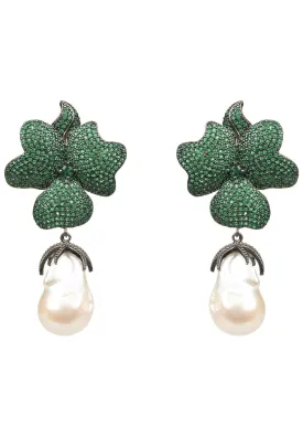 Baroque Pearl Green Flower Drop Earring Oxidised