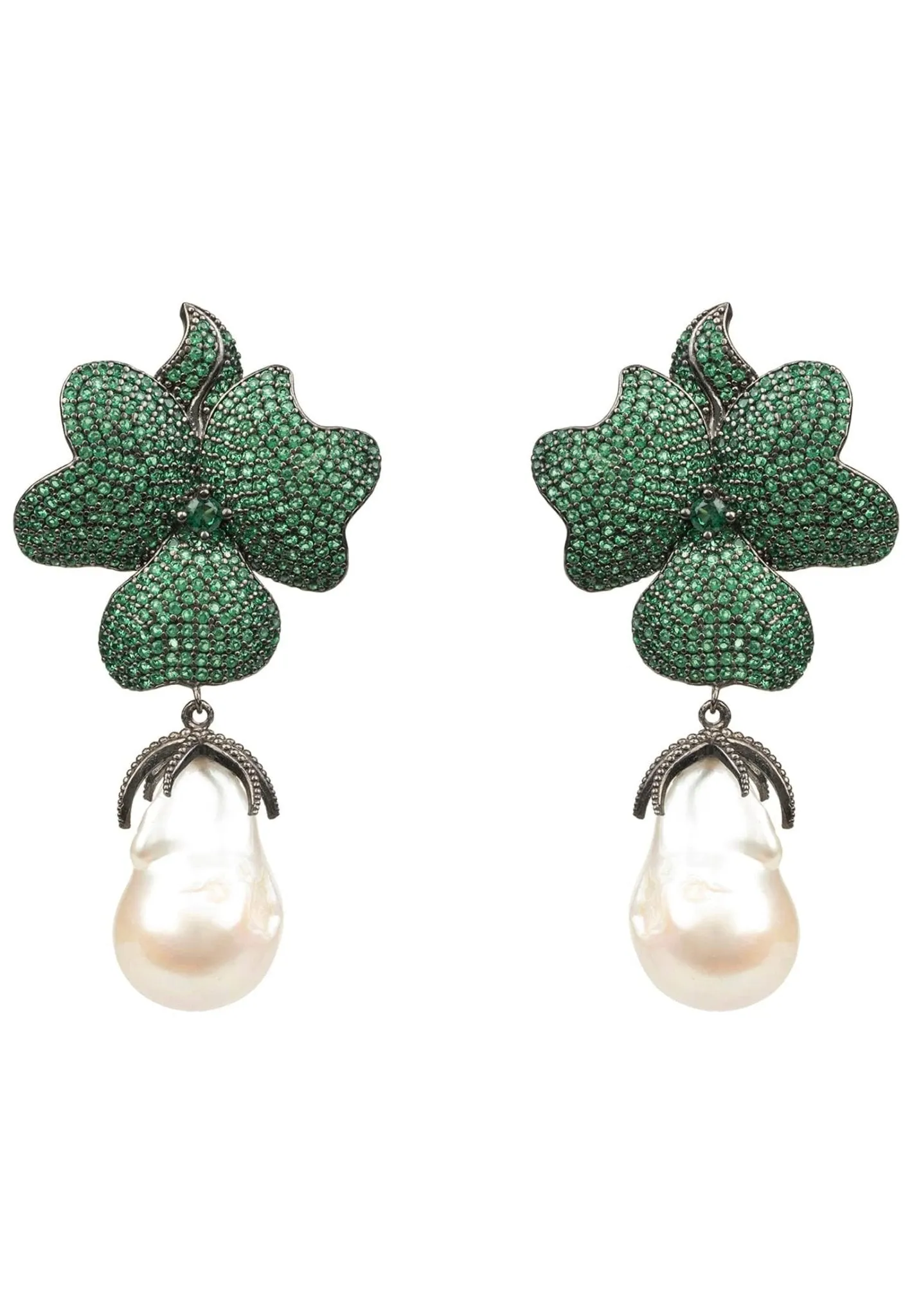 Baroque Pearl Green Flower Drop Earring Oxidised