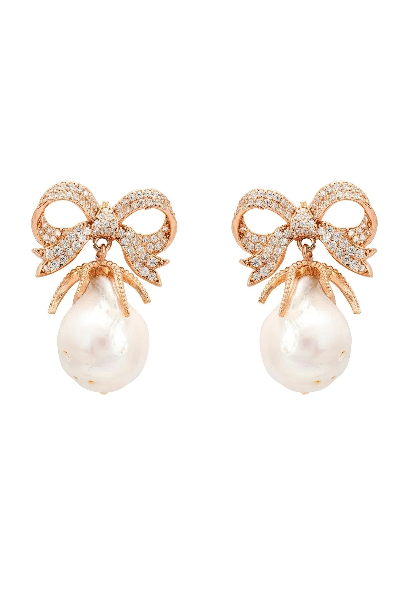 Baroque Pearl Ribbon And Bows Drop Earrings Rosegold