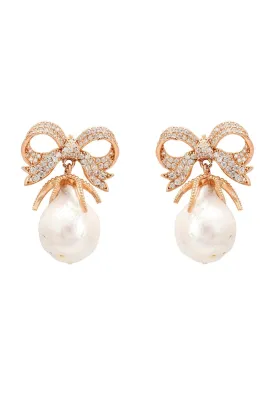 Baroque Pearl Ribbon And Bows Drop Earrings Rosegold