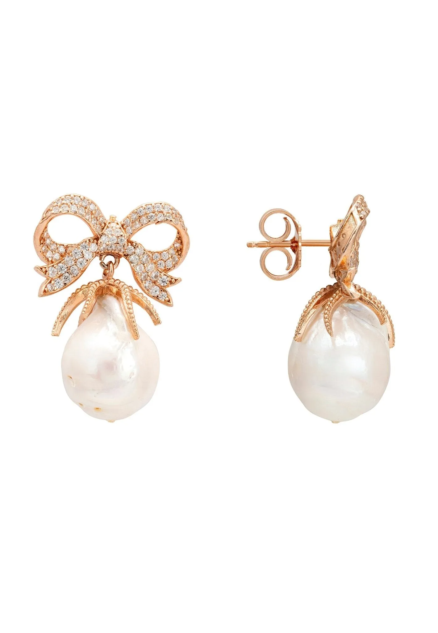 Baroque Pearl Ribbon And Bows Drop Earrings Rosegold