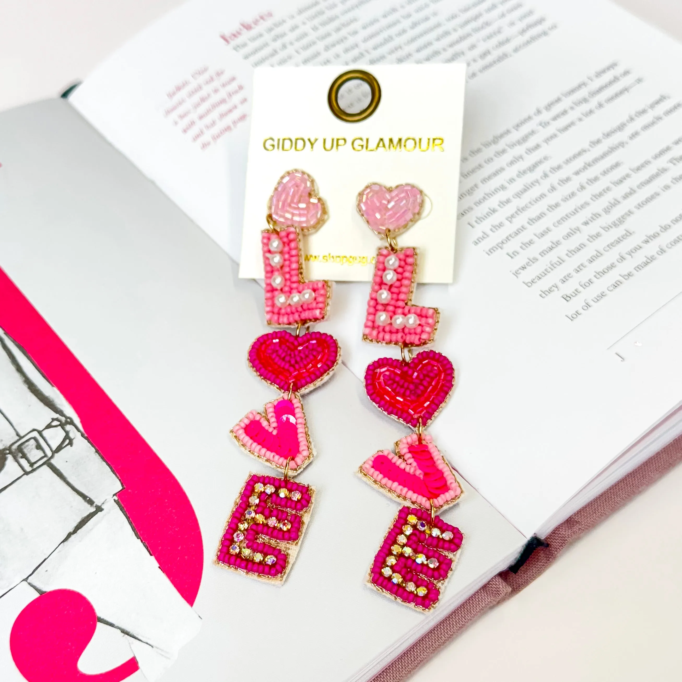 Beaded LOVE Dangle Earrings in Fuchsia Pink Mix