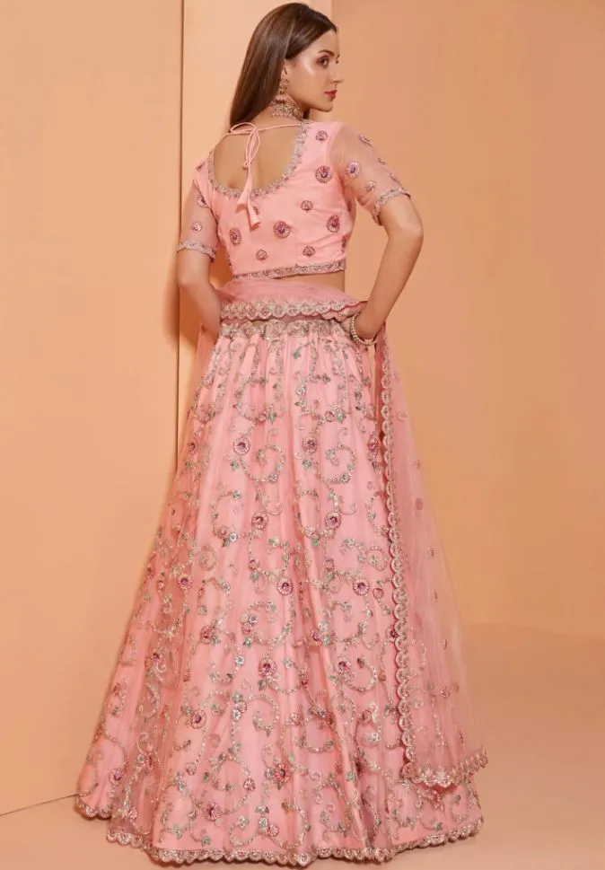 Beautiful Pink Colored Partywear Designer Lehenga Choli - Rent