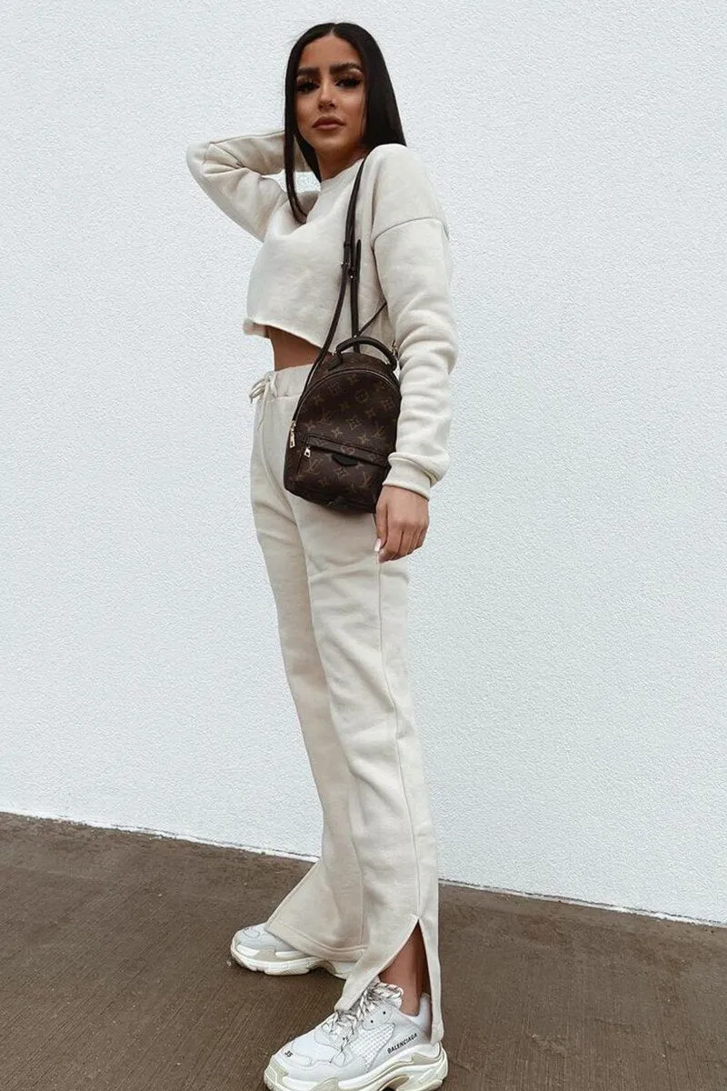 Beige Side Split Wide Leg Jogger - Halsey