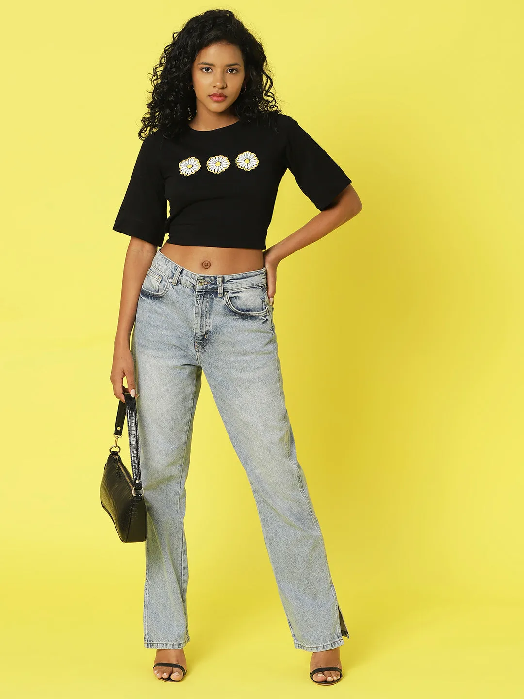 Black Floral Printed Half Sleeves Round Neck Crop Top