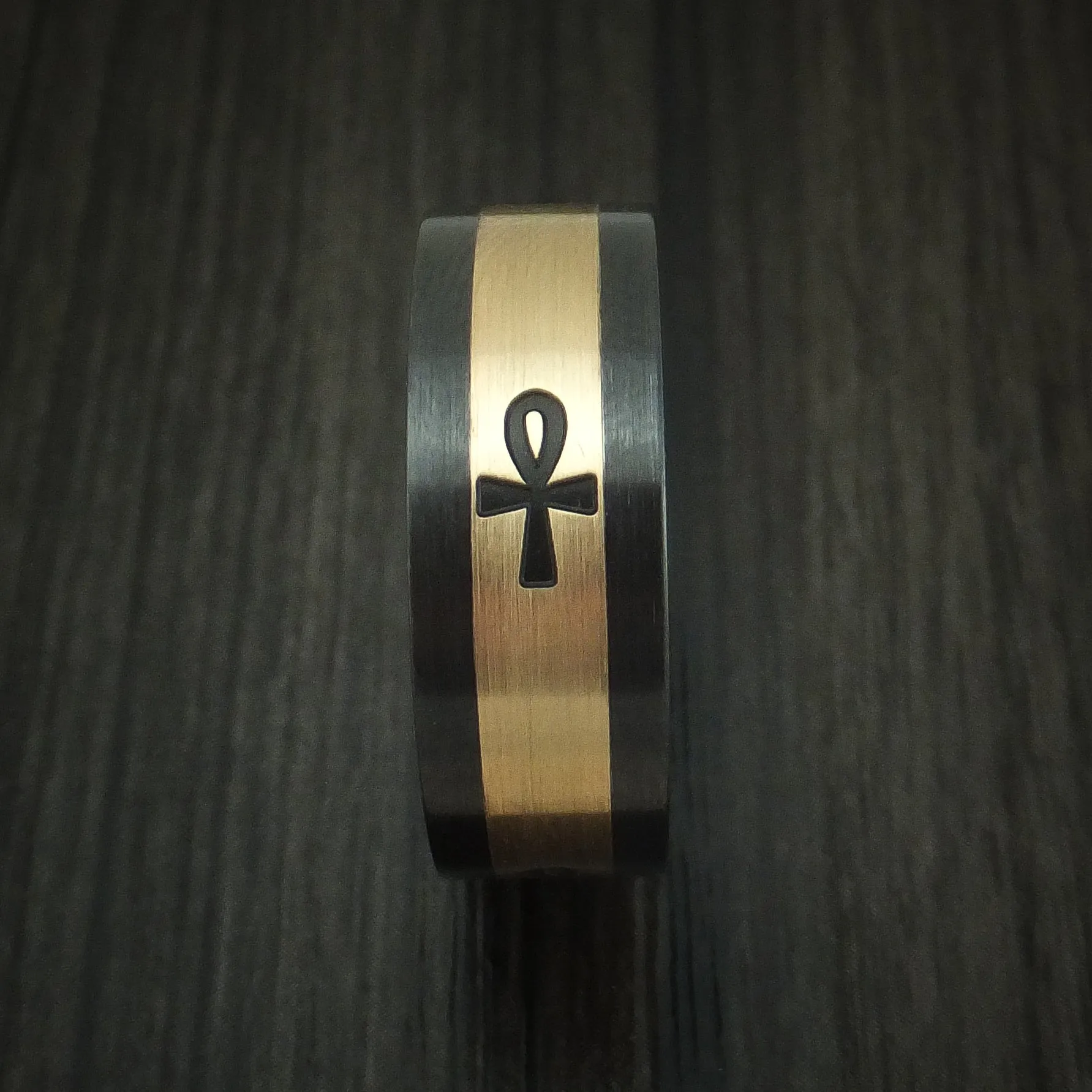 Black Titanium and 14K Yellow Gold with Egyptian Ankh Custom Made Men's Ring