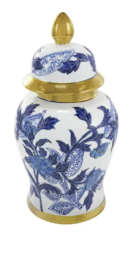 BLUE CERAMIC FLORAL DECORATIVE JARS WITH CREAM AND GOLD ACCENTS, 7" X 7" X 14"