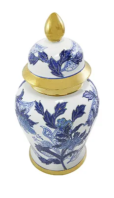 BLUE CERAMIC FLORAL DECORATIVE JARS WITH CREAM AND GOLD ACCENTS, 7" X 7" X 14"