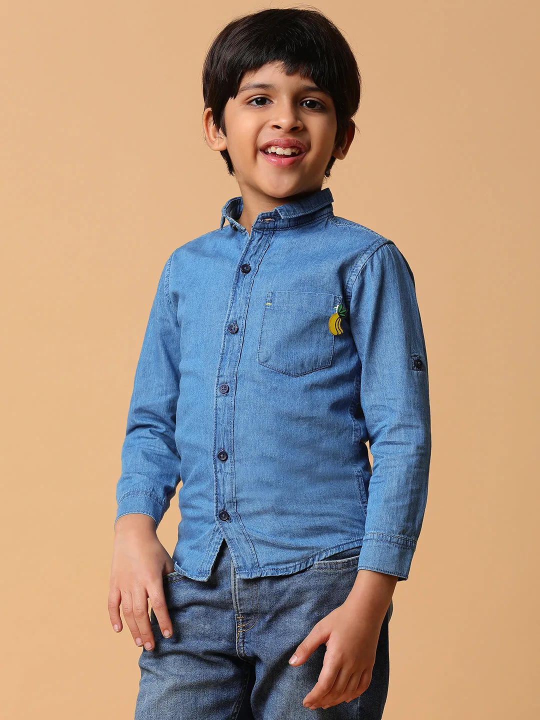 Boys Solid Light Blue Cotton Regular Fit Full Sleeve Shirt