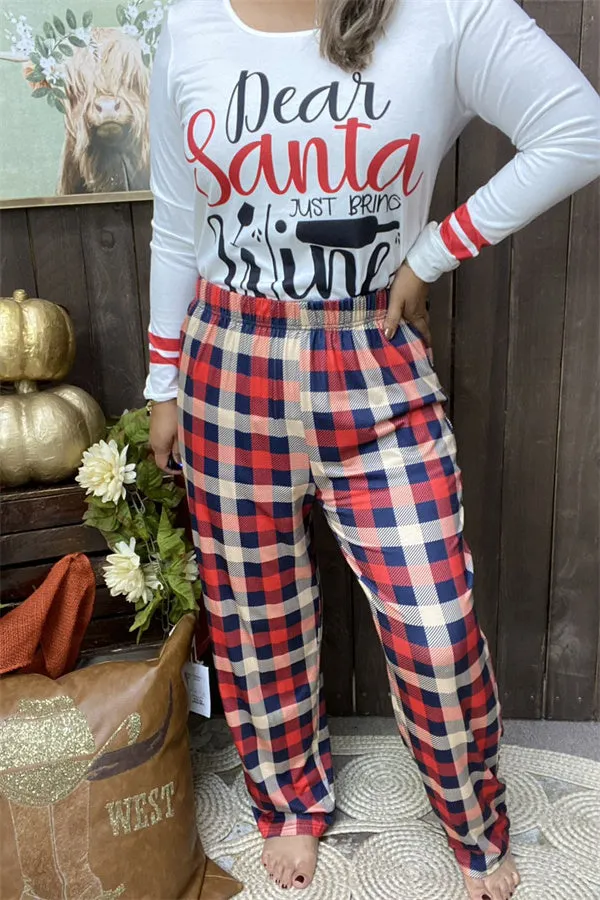 BQ15519 Words printed white top w/checked pant printed women pajamas sets