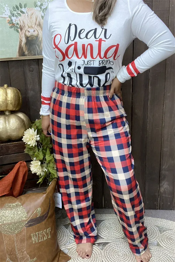 BQ15519 Words printed white top w/checked pant printed women pajamas sets