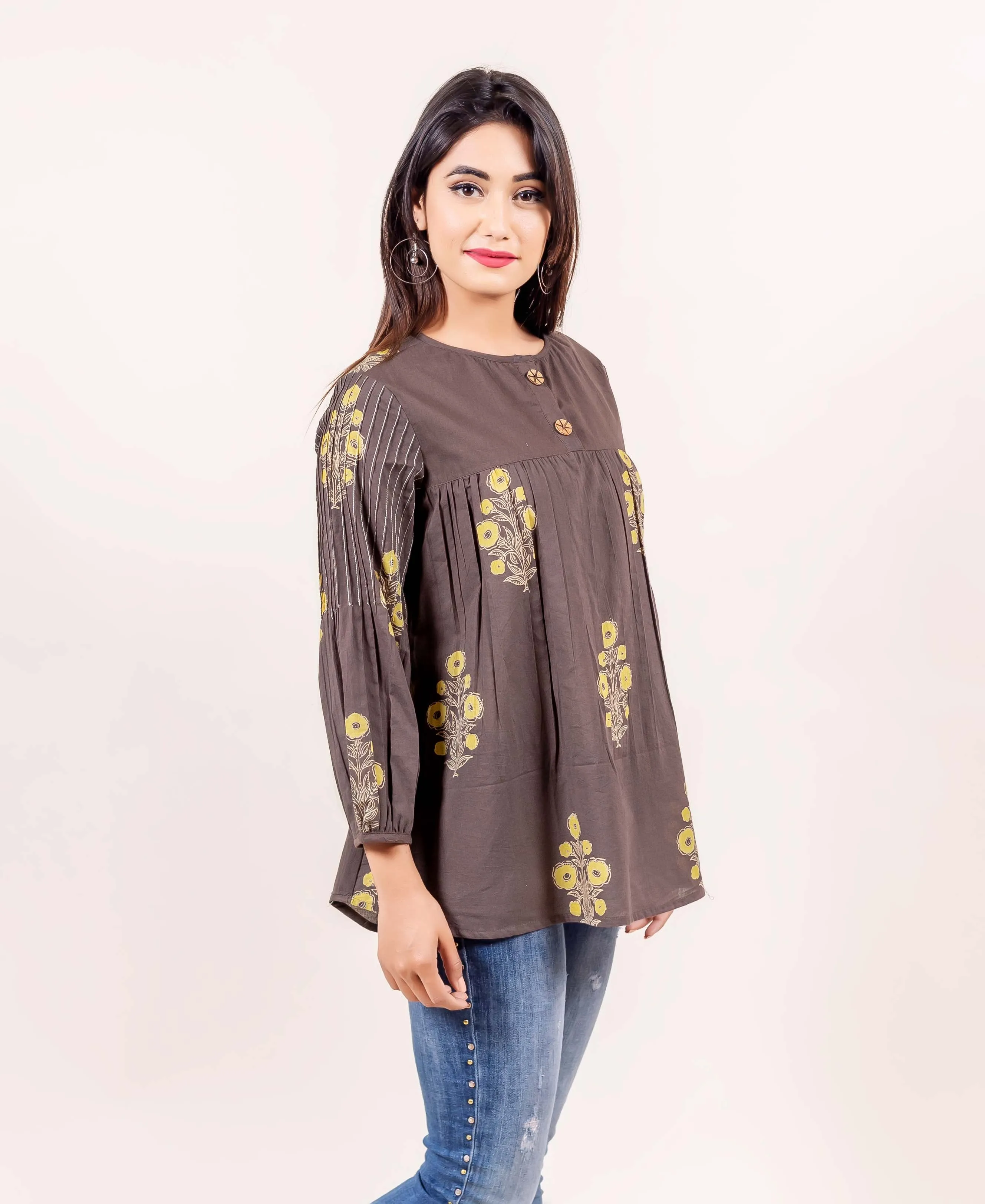 Brown Hand Block Printed Cotton Top with Stitch details