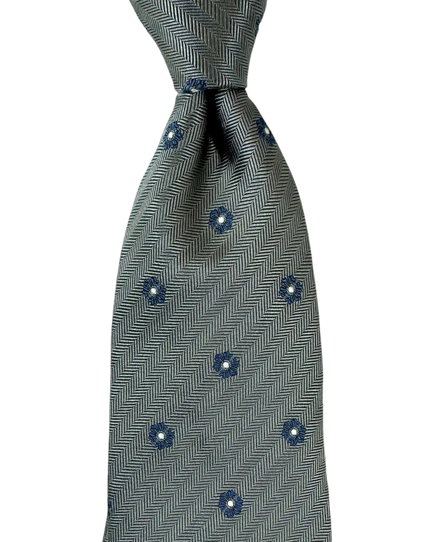 Dark Blue and Gray Brunello Cucinelli Silk Necktie with Mini Flower Design