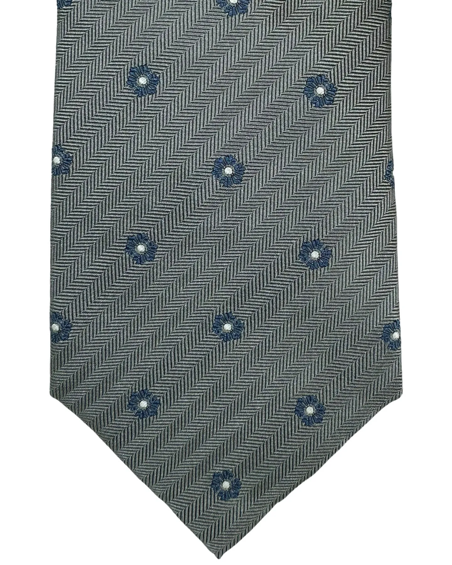 Dark Blue and Gray Brunello Cucinelli Silk Necktie with Mini Flower Design