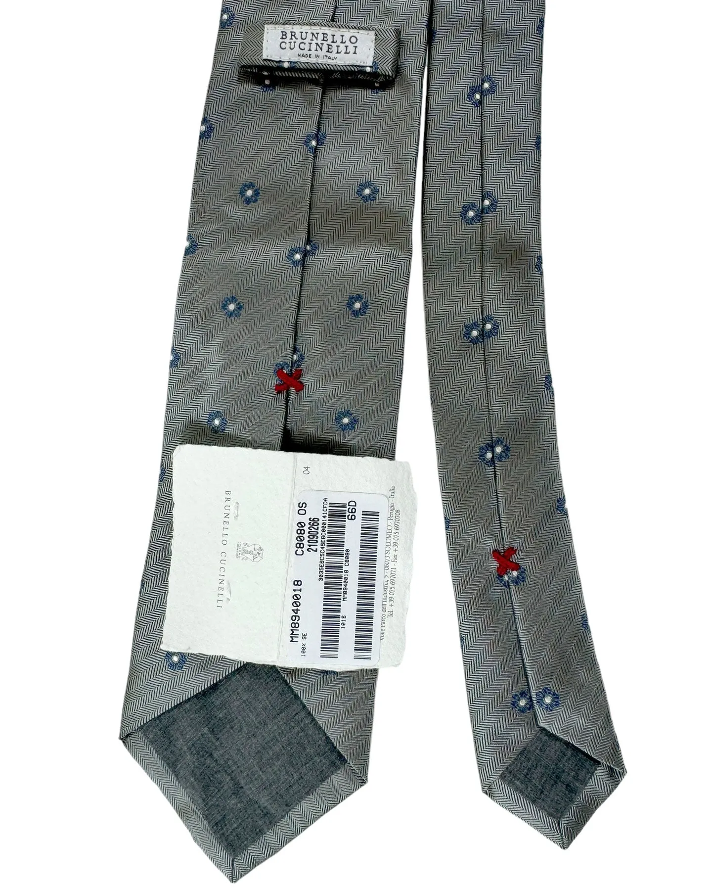 Dark Blue and Gray Brunello Cucinelli Silk Necktie with Mini Flower Design