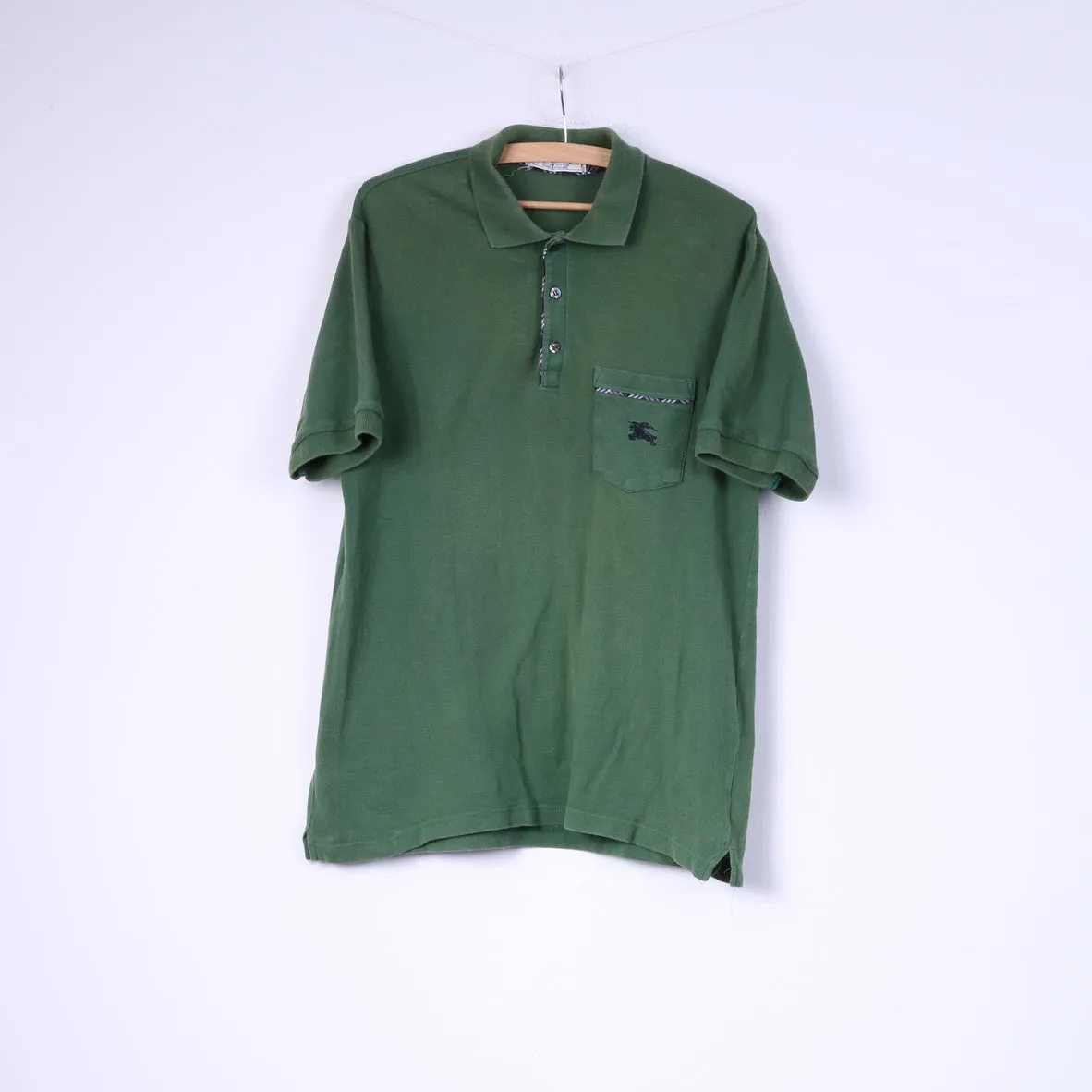 Burberrys Mens L Polo Shirt Green Top Buttons Detailed Cotton