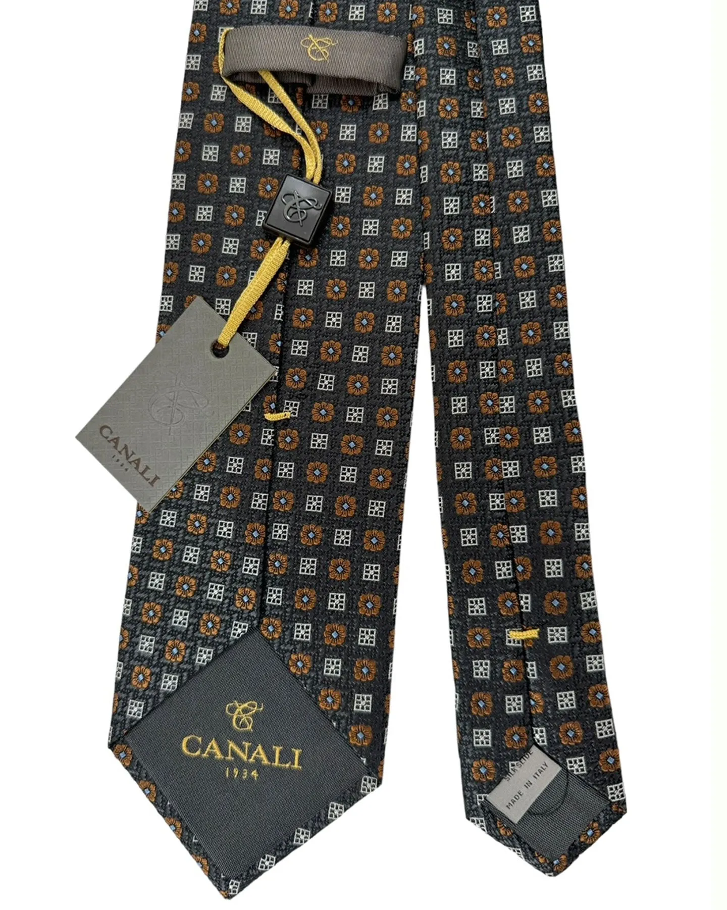 Canali Tie Charcoal Gray Brown Mini Floral - Jacquard Silk