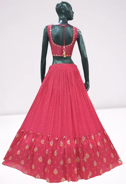 Carrot Pink colored Printed designer Lehenga Set - Rent