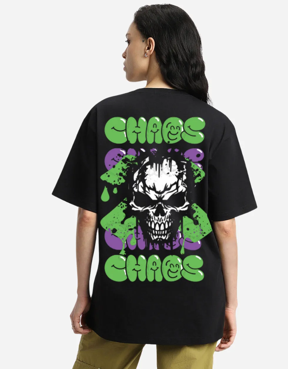 CHAOS Women Oversized Black Graphic Back Printed Tshirt