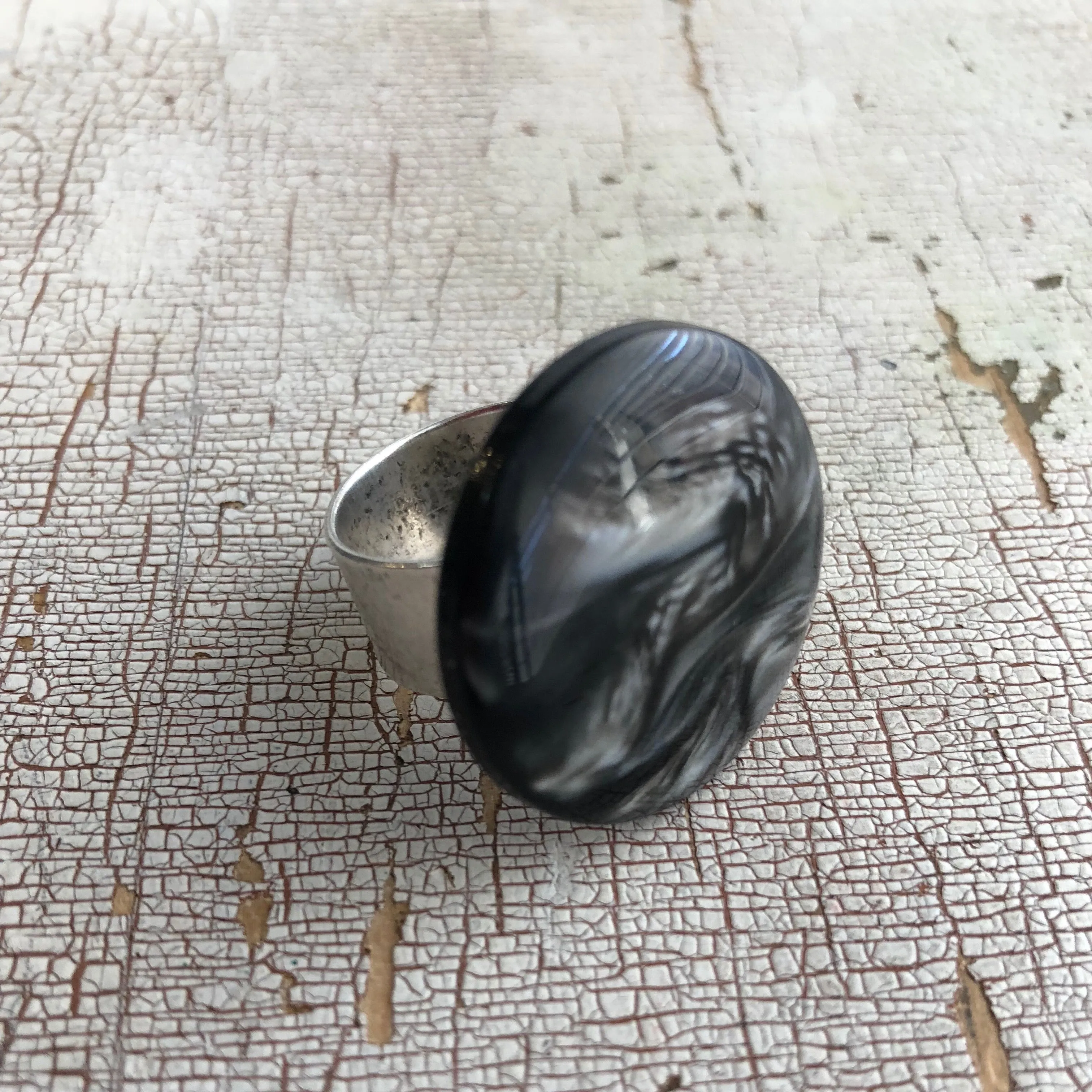 Charcoal Marbled Moonglow Lucite Silver Cocktail Ring