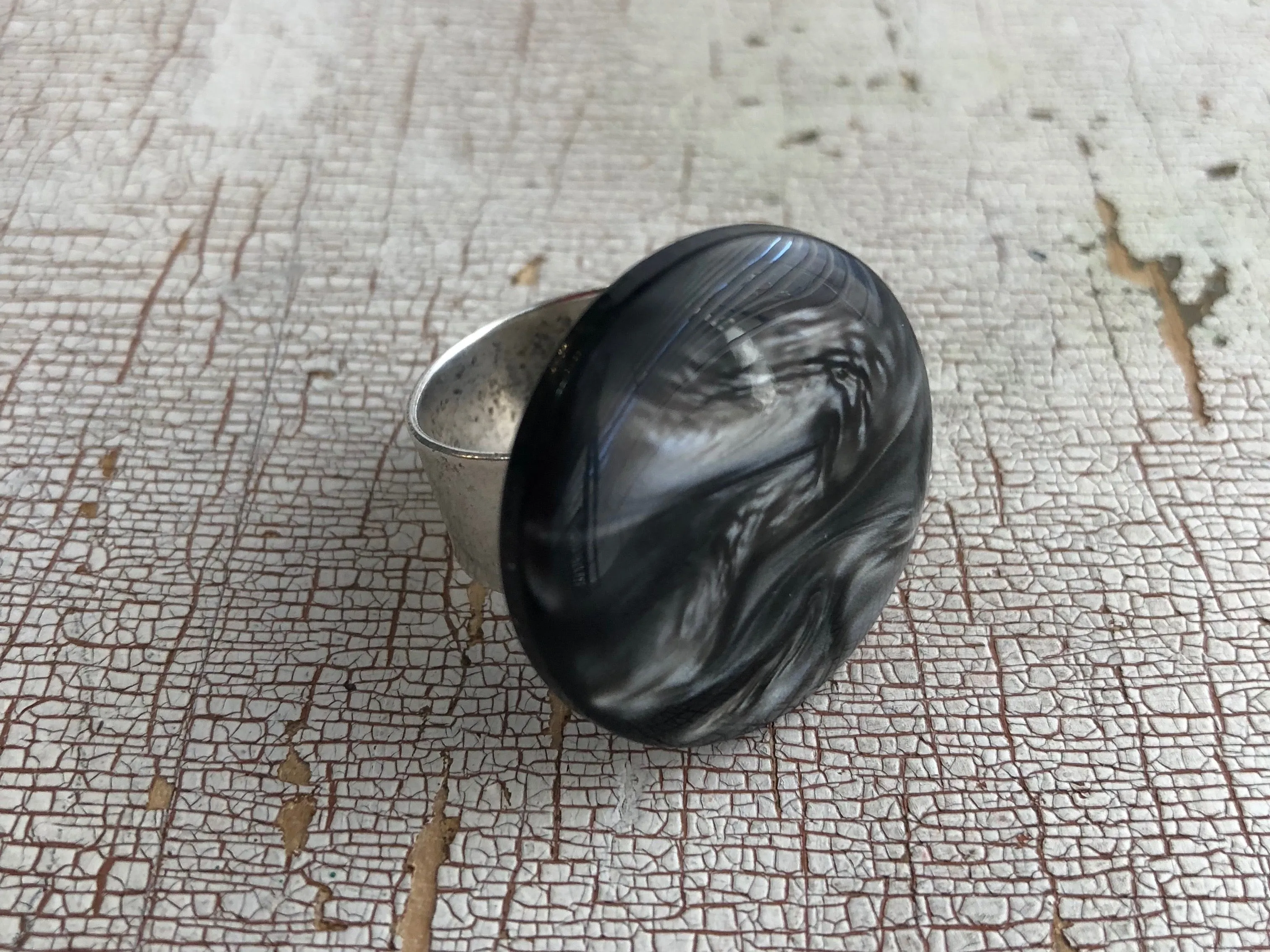 Charcoal Marbled Moonglow Lucite Silver Cocktail Ring