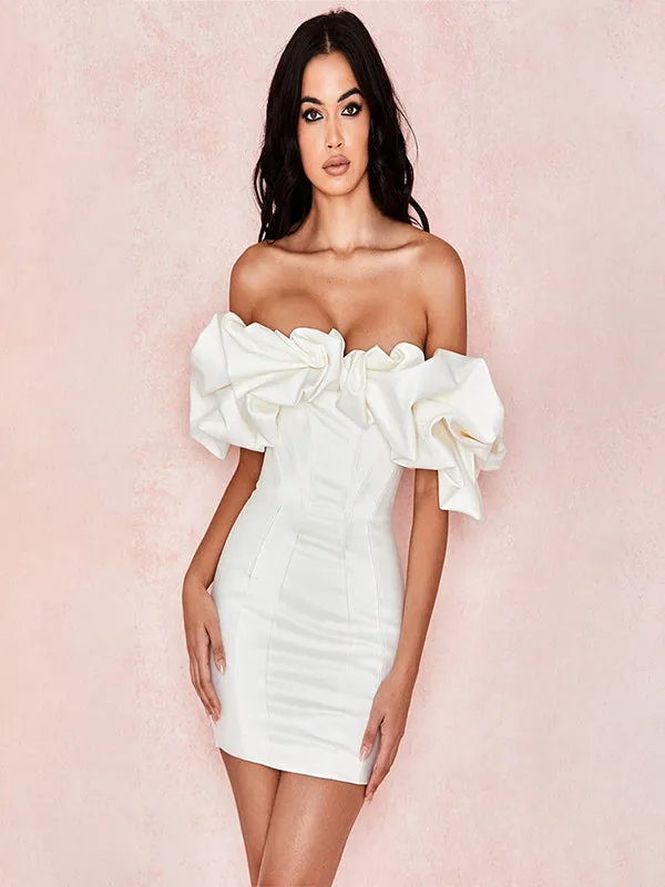 Charming White Soft Satin Off Shoulder Short Homecoming Dresses, HD0185