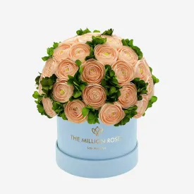 Classic Light Blue Suede Box | Peach Persian Buttercups & Green Hydrangeas