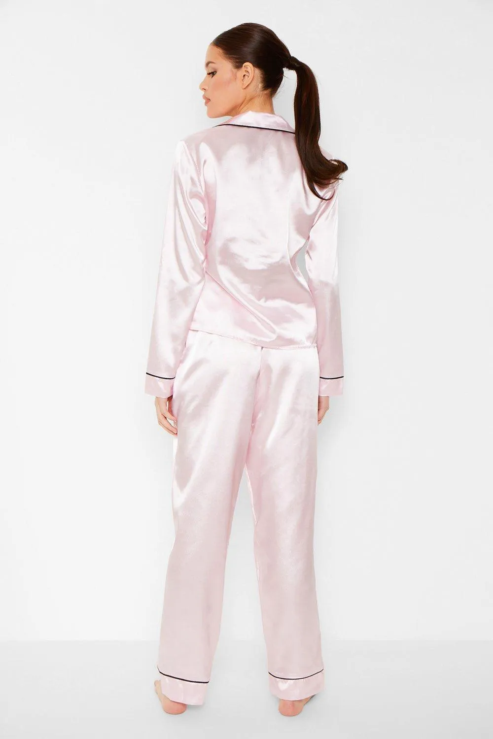 Contrast Piping Button Down Satin Pajama Set