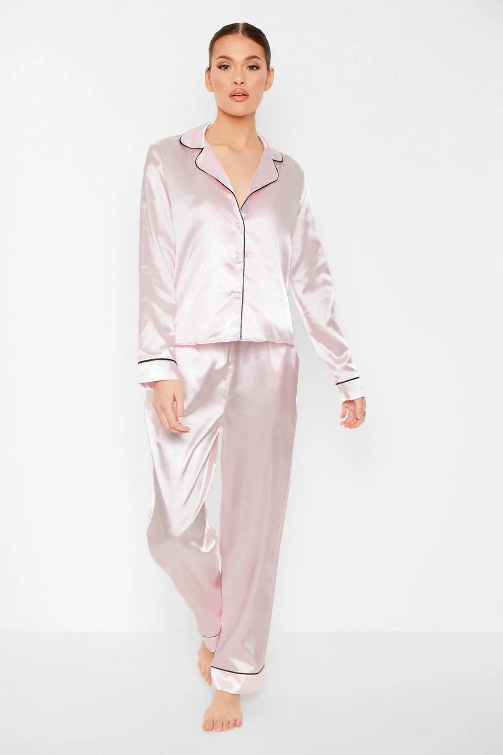 Contrast Piping Button Down Satin Pajama Set