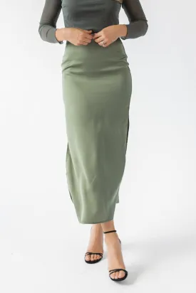 Dayton Olive Satin Maxi Skirt