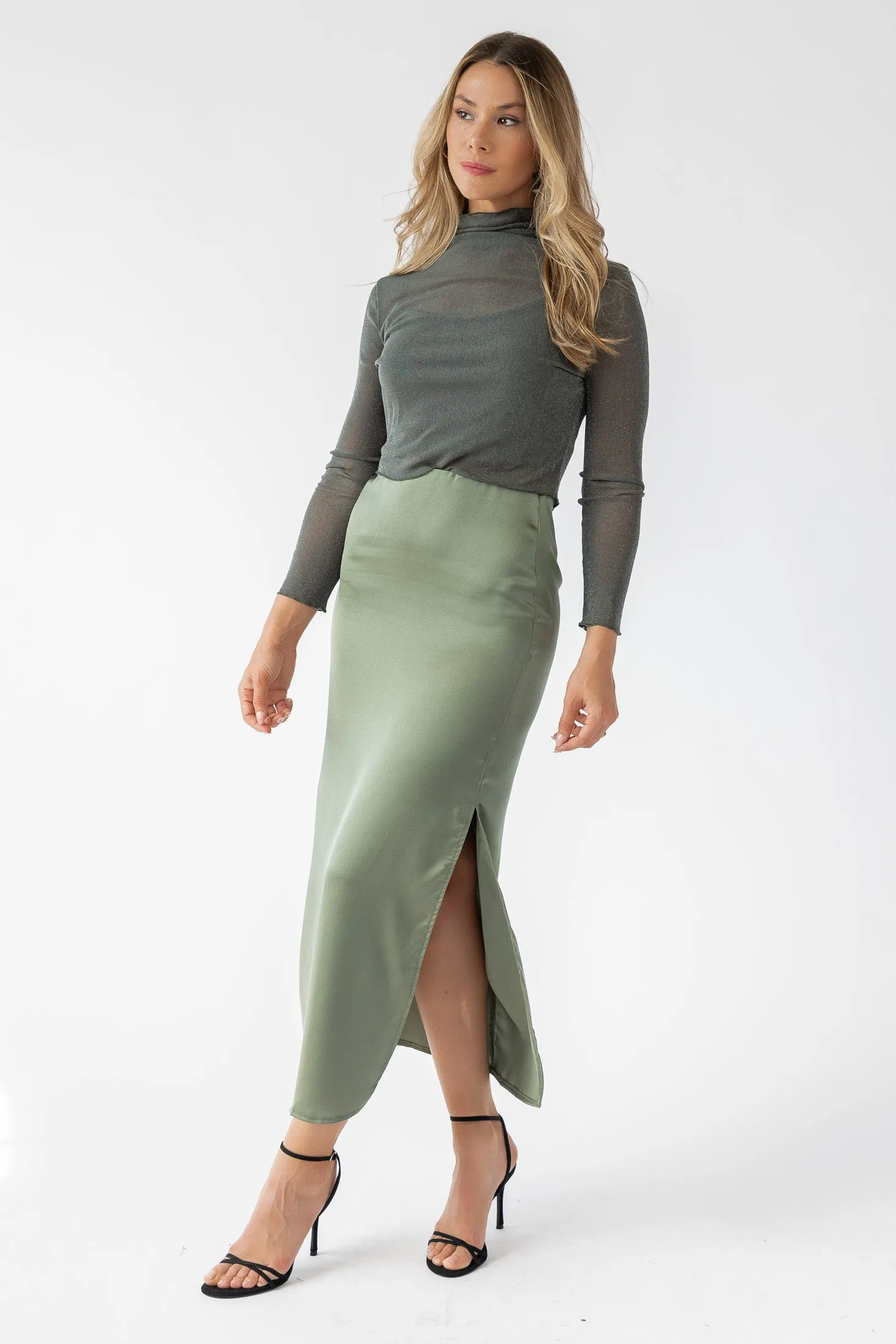 Dayton Olive Satin Maxi Skirt