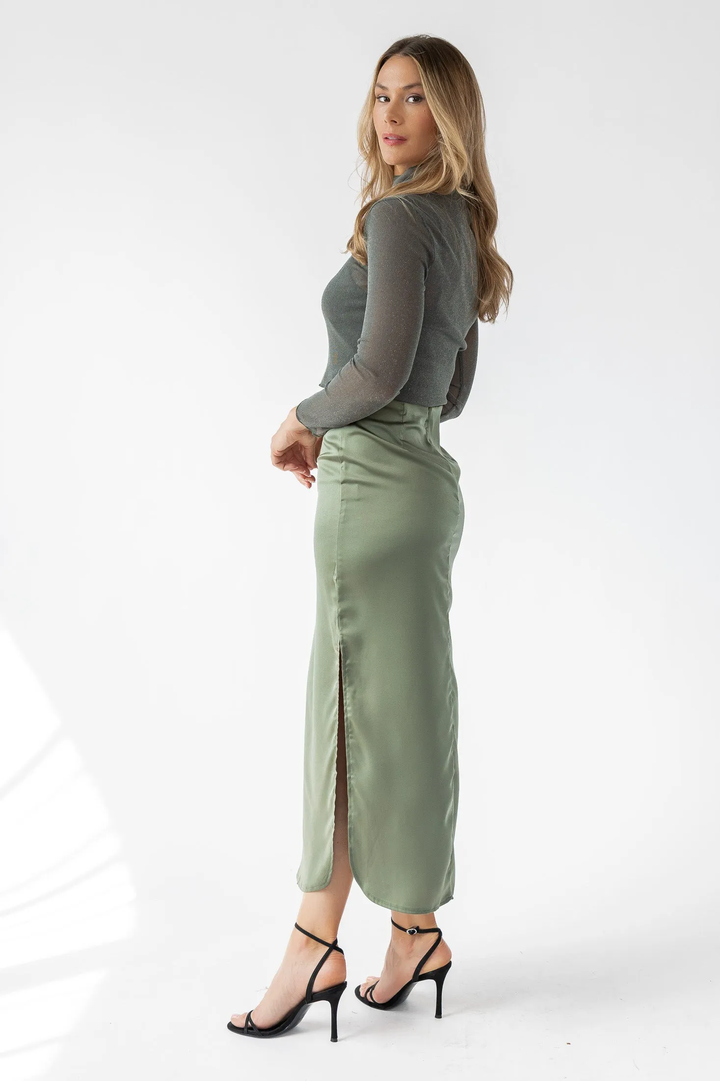 Dayton Olive Satin Maxi Skirt