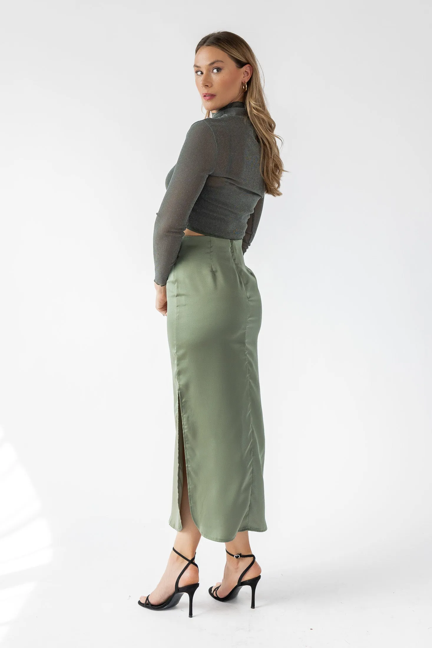 Dayton Olive Satin Maxi Skirt